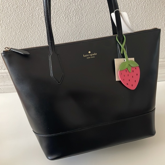 ❌SOLD❌ Kate Spade Braelynn black leather tote bag w strawberry bag charm NWT - Picture 8 of 14